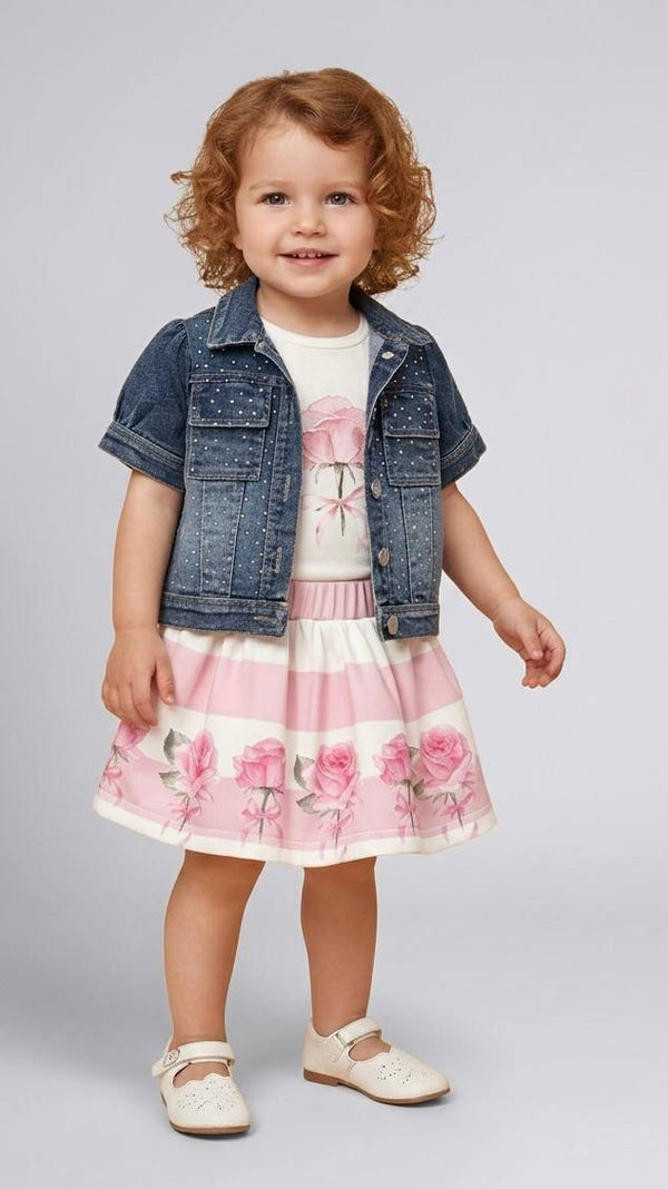 ENSEMBLE 3PCS GILET EN JEAN PERLÉ ET T-SHIRT ET JUPE ÉVASÉE 3560