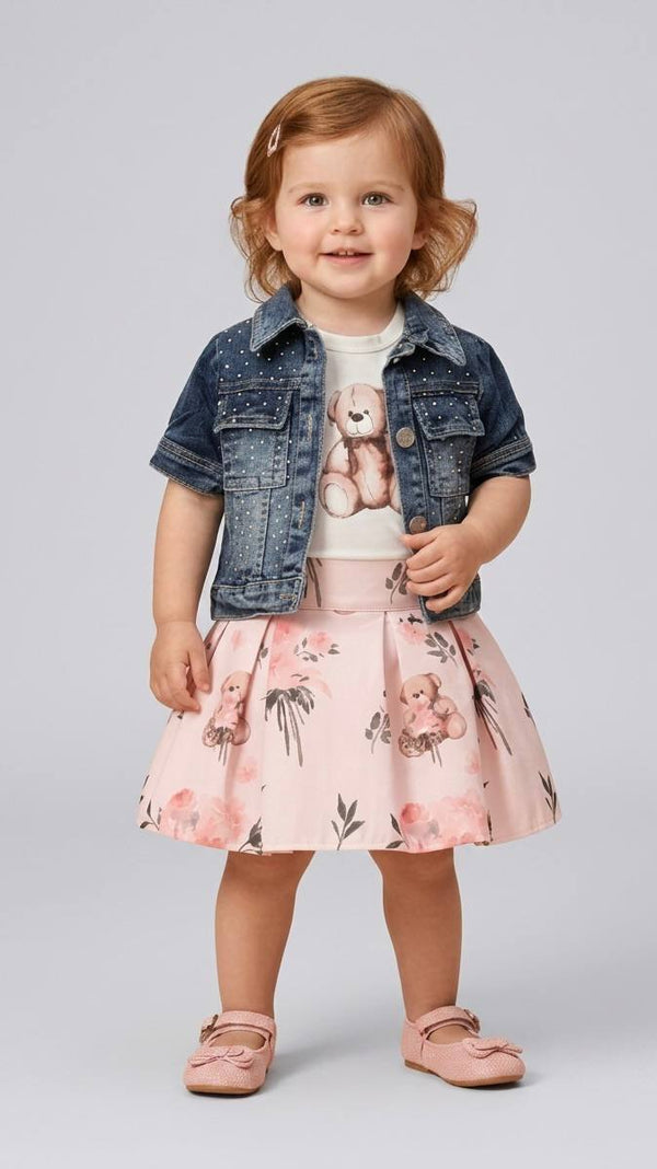 ENSEMBLE 3PCS VEST EN JEAN PERLÉ ET T-SHIRT ET JUPE ÉVASÉE 3516