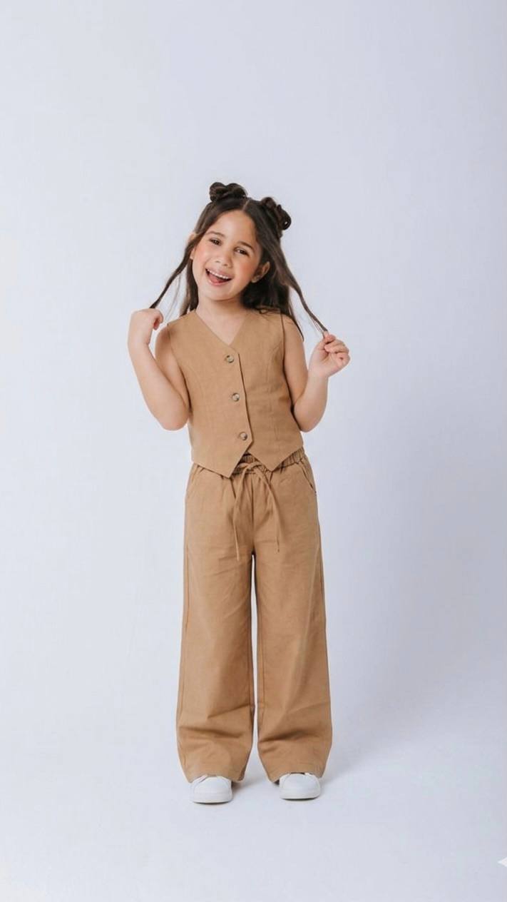 ENSEMBLE Style Parisien Gilet et Pantalon Large en Lin 5008 T