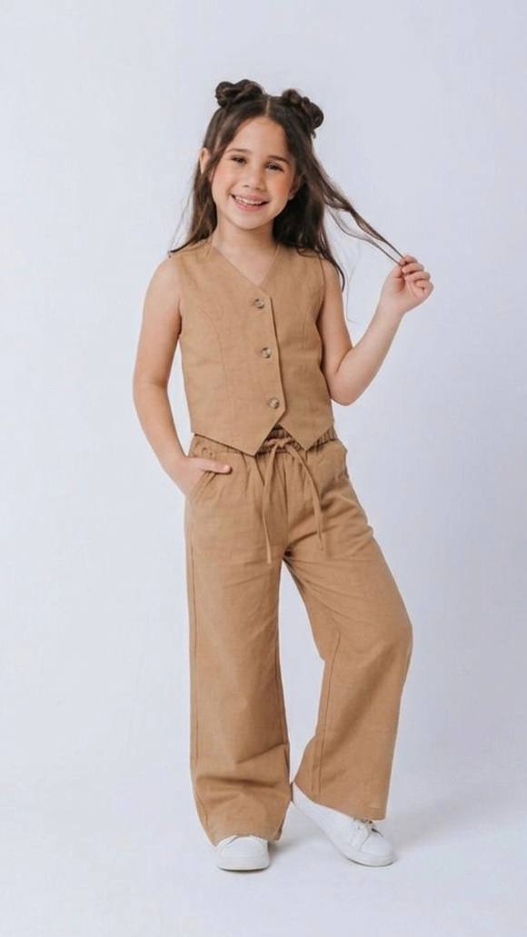 ENSEMBLE Style Parisien Gilet et Pantalon Large en Lin 5008 T