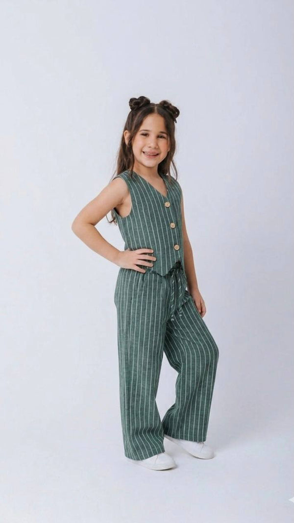 ENSEMBLE Style Parisien Gilet et Pantalon Large en Lin Rayé 5008 /