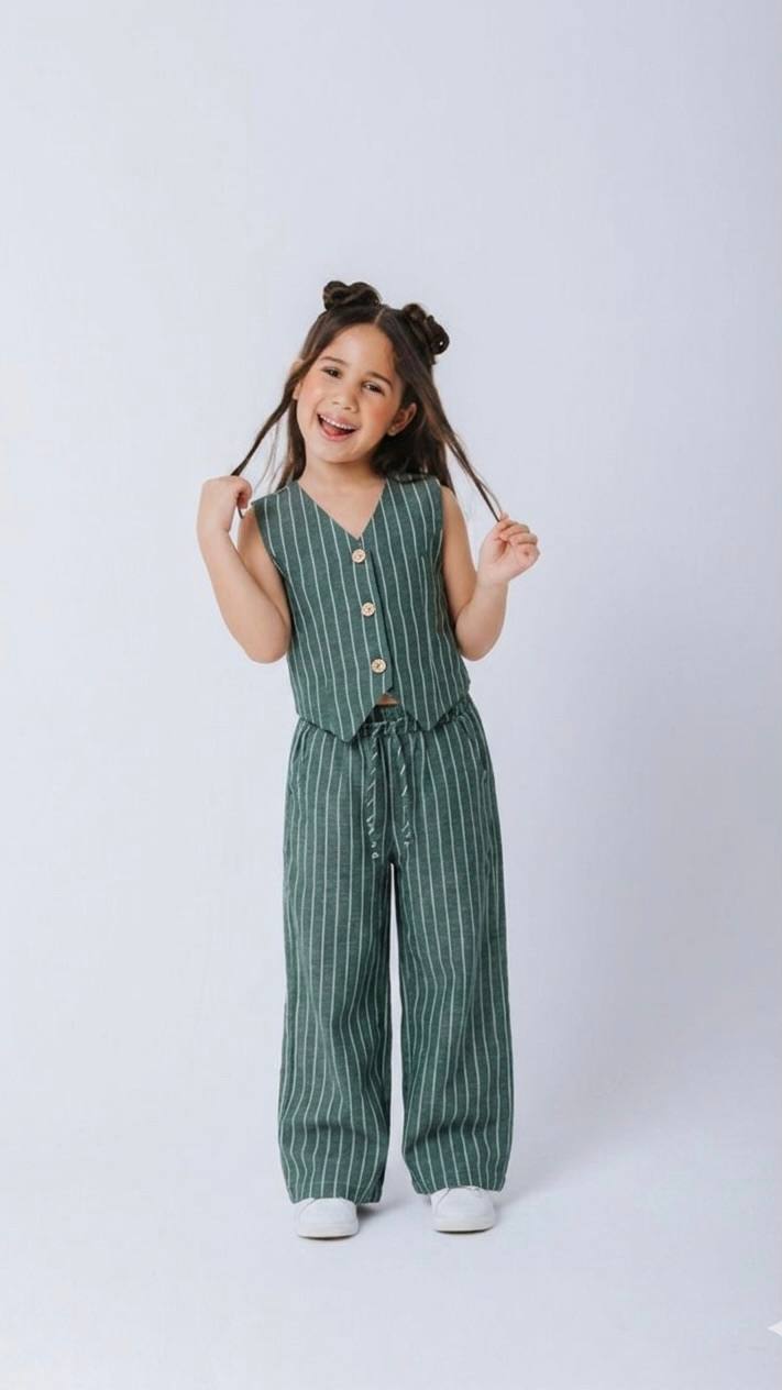 ENSEMBLE Style Parisien Gilet et Pantalon Large en Lin Rayé 5008 .