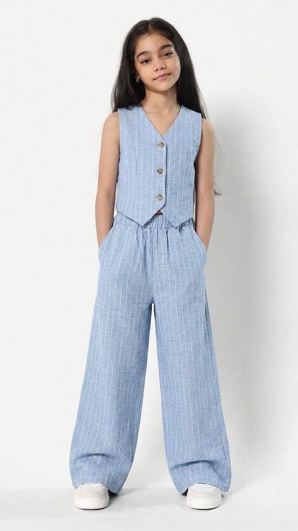 ENSEMBLE Style Parisien Gilet et Pantalon Large en Lin Rayé 5008 /
