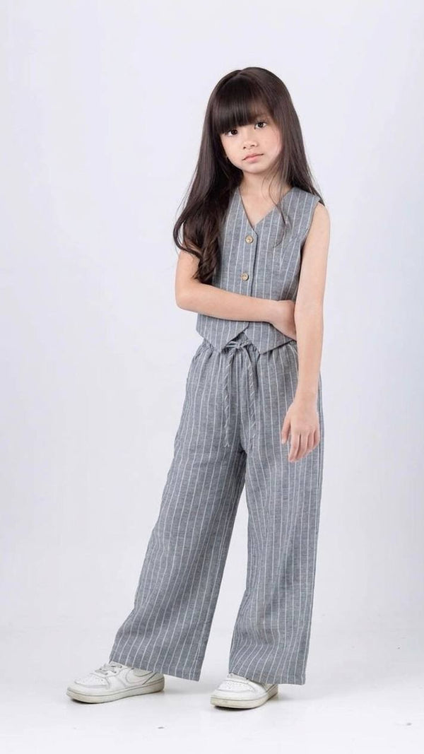 ENSEMBLE Style Parisien Gilet et Pantalon Large en Lin Rayé 5008