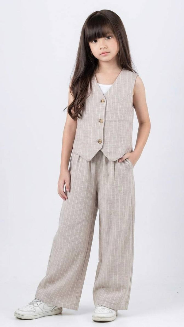 ENSEMBLE Style Parisien Gilet et Pantalon Large en Lin Rayé 5008