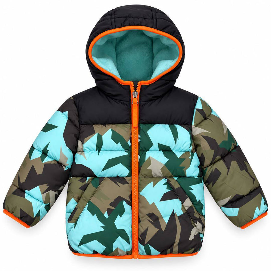 Doudoune Matelassée Motif Camouflage Bleu et Vert
