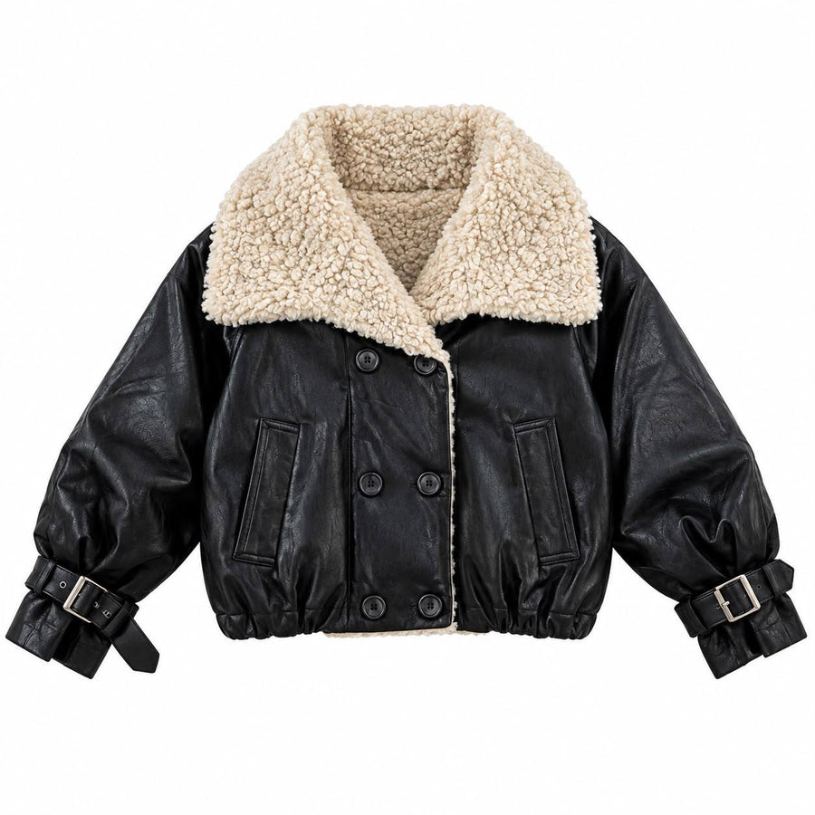 Veste en similicuir avec col moumoutte et boucles aux poingnets