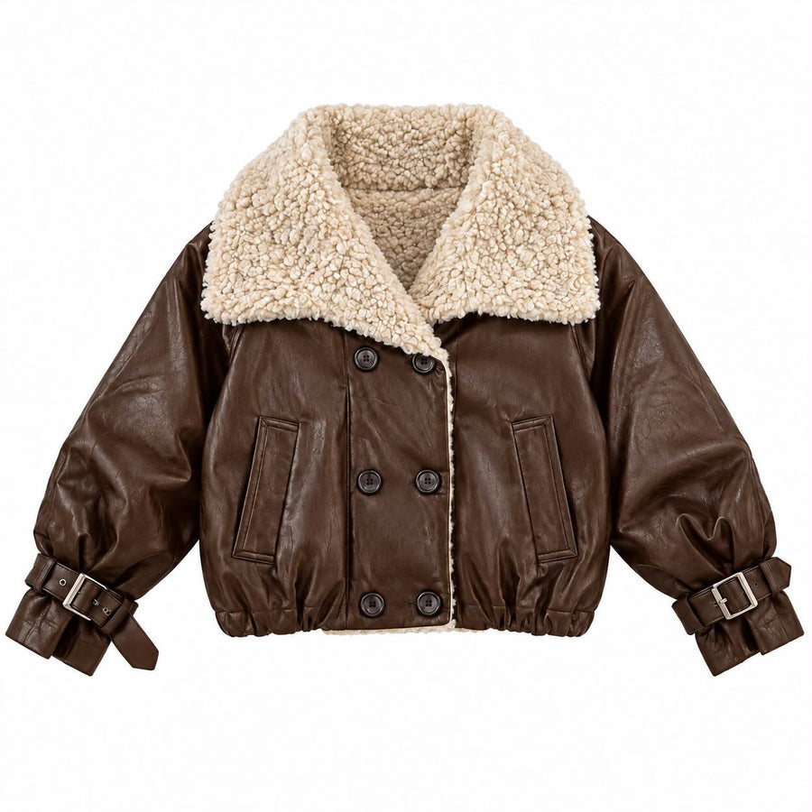 Veste en similicuir avec col moumoutte et boucles aux poingnets